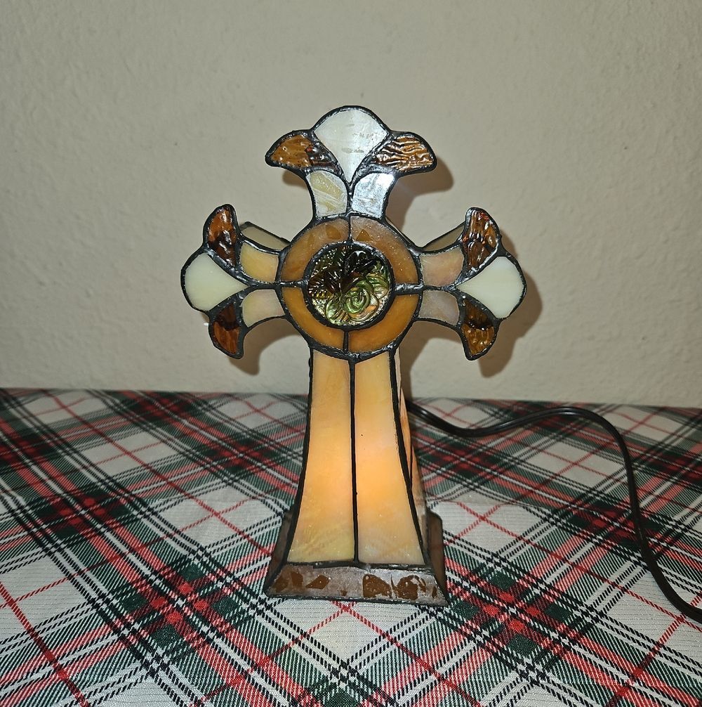 Dale Tiffany Amber and Cream Stained Glass Cross Lamp